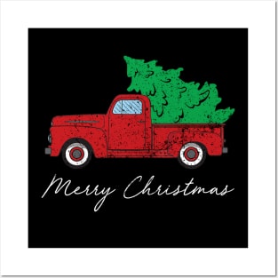 Merry Christmas Retro Vintage Red Truck Posters and Art